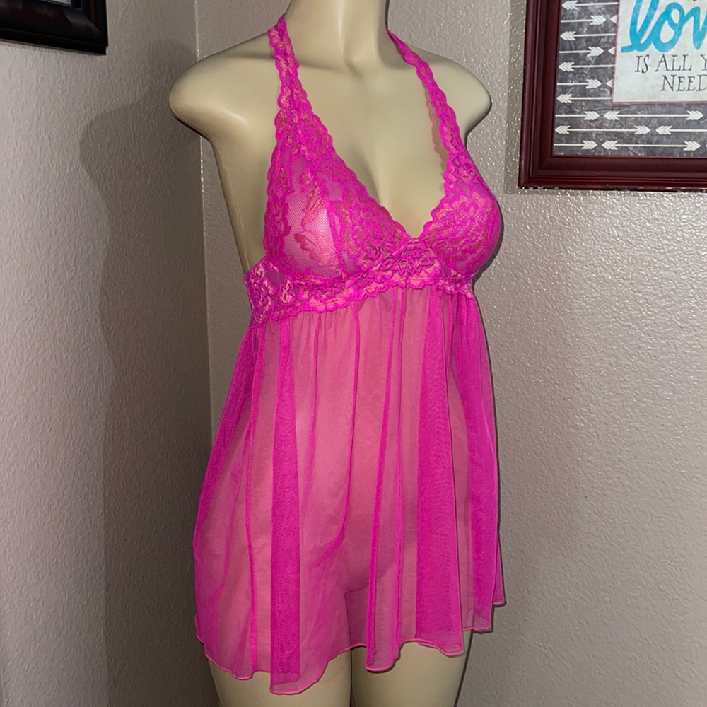 10. Stunning Pink lace mesh Halter Babydoll sz Small
